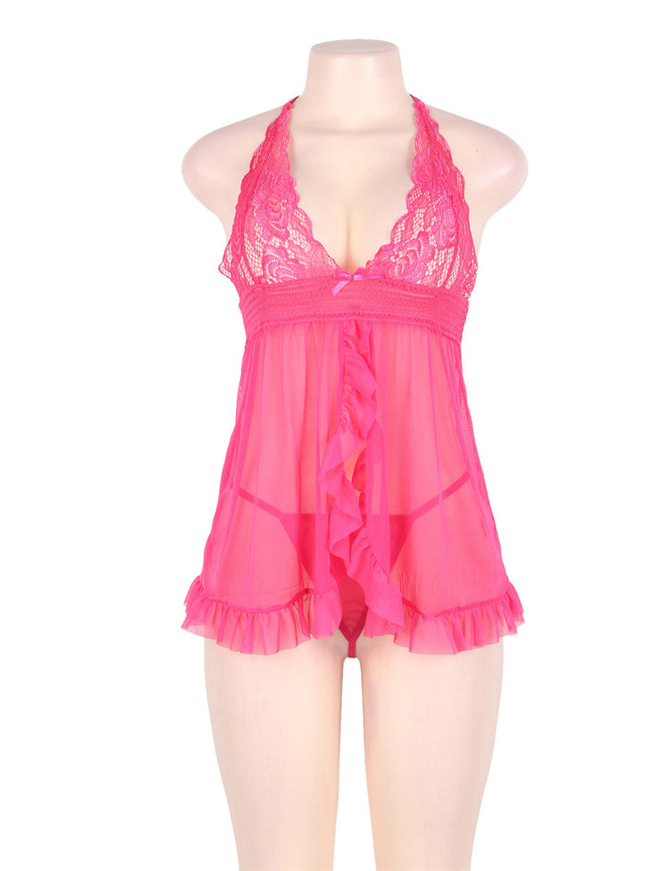 Sheer Lingerie Set Pink Lace Women's See-through Design