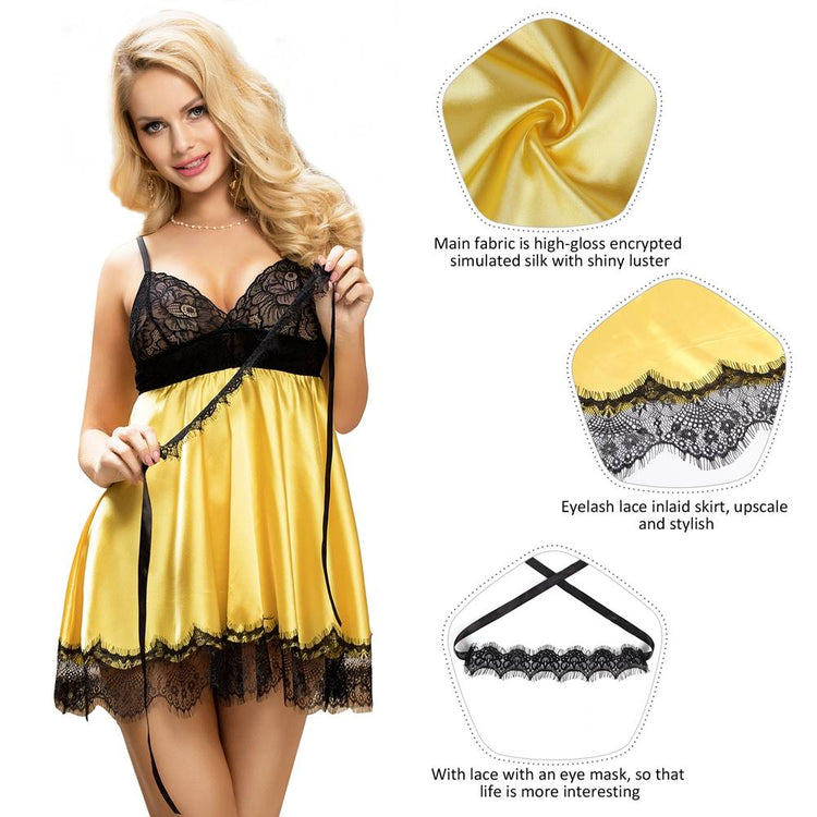 Silk Lace Slip Dress Yellow/Black Nightwear Elegance