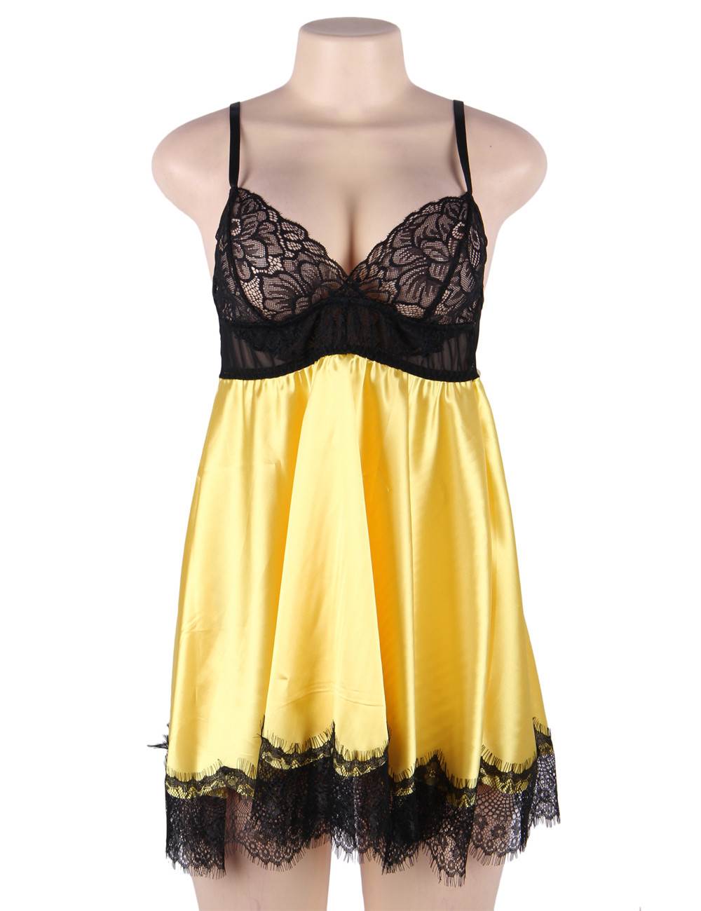 Silk Lace Slip Dress Yellow/Black Nightwear Elegance