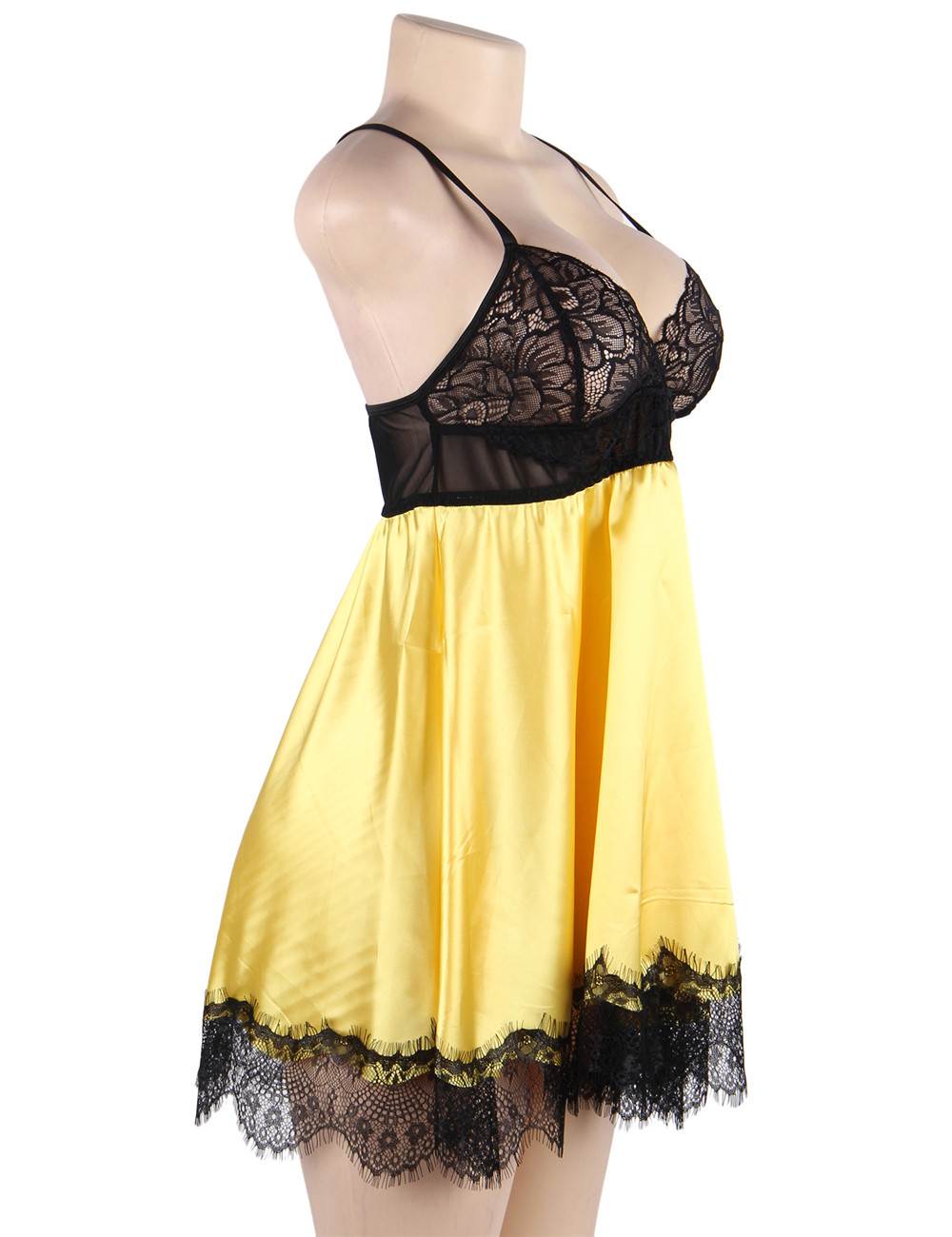 Silk Lace Slip Dress Yellow/Black Nightwear Elegance