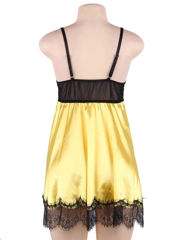 Silk Lace Slip Dress Yellow/Black Nightwear Elegance