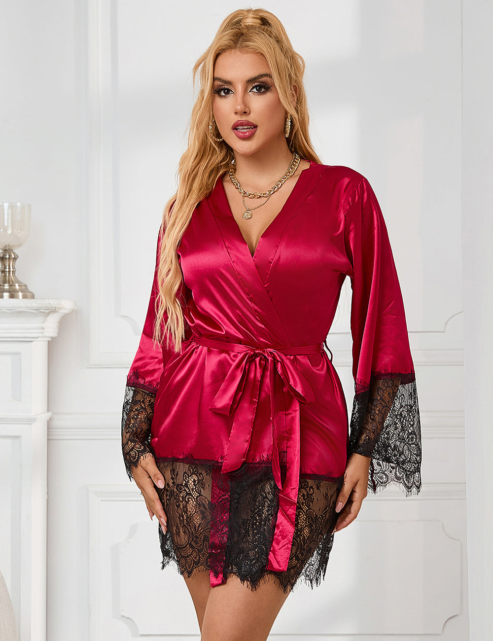 Silk Nightdress Red Long Sleeve with Lace Trim