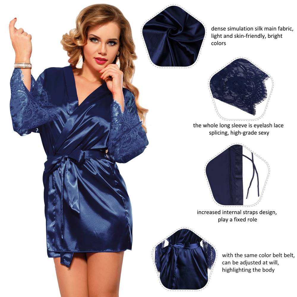 Silk Nightwear Robe Blue Sexy Lace Accents