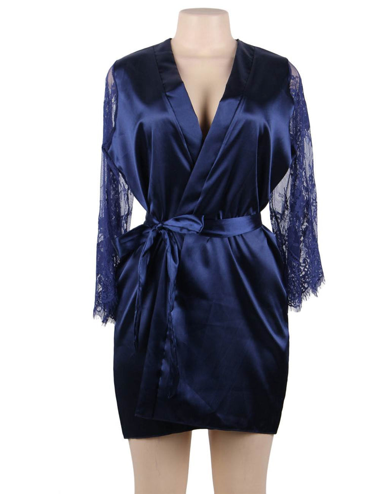 Silk Nightwear Robe Blue Sexy Lace Accents