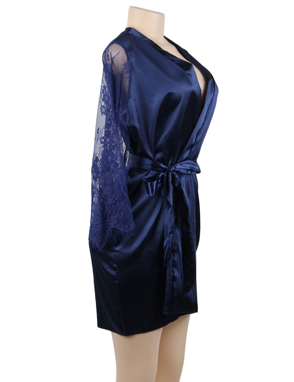 Silk Nightwear Robe Blue Sexy Lace Accents