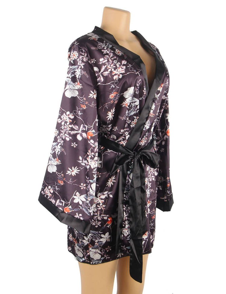 Silk Robe Black Floral Women's Dressing Gown