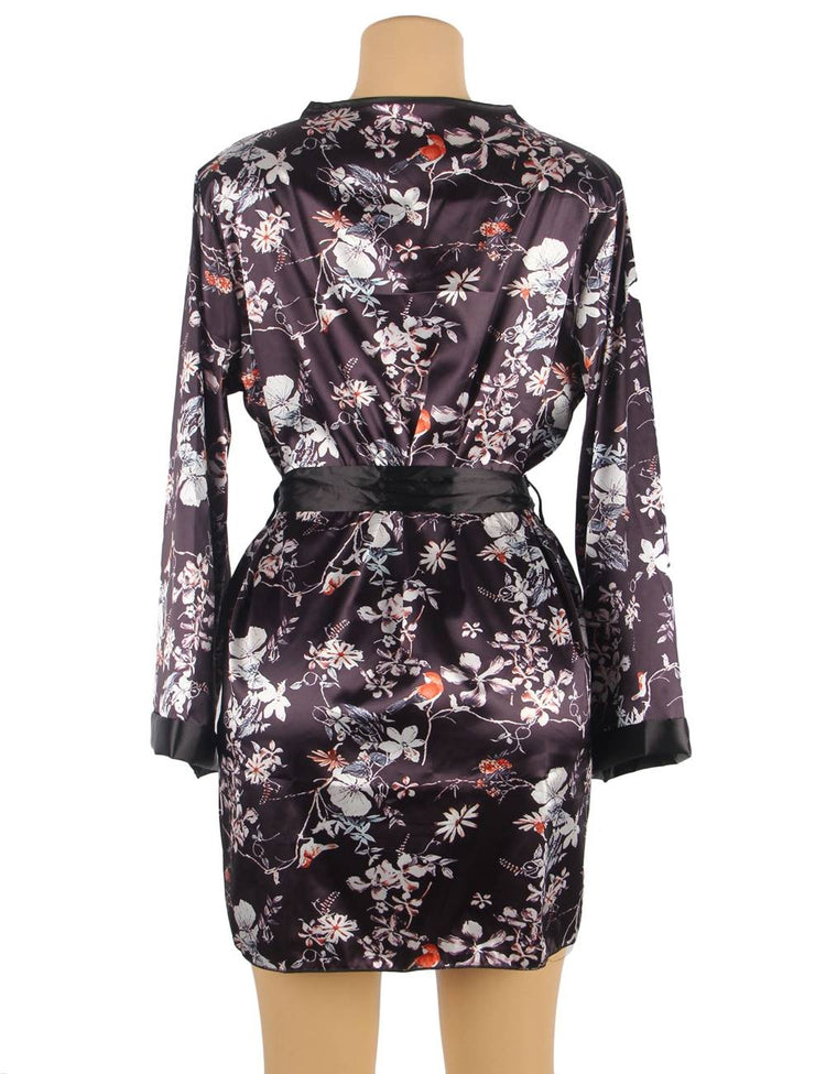 Silk Robe Black Floral Women's Dressing Gown