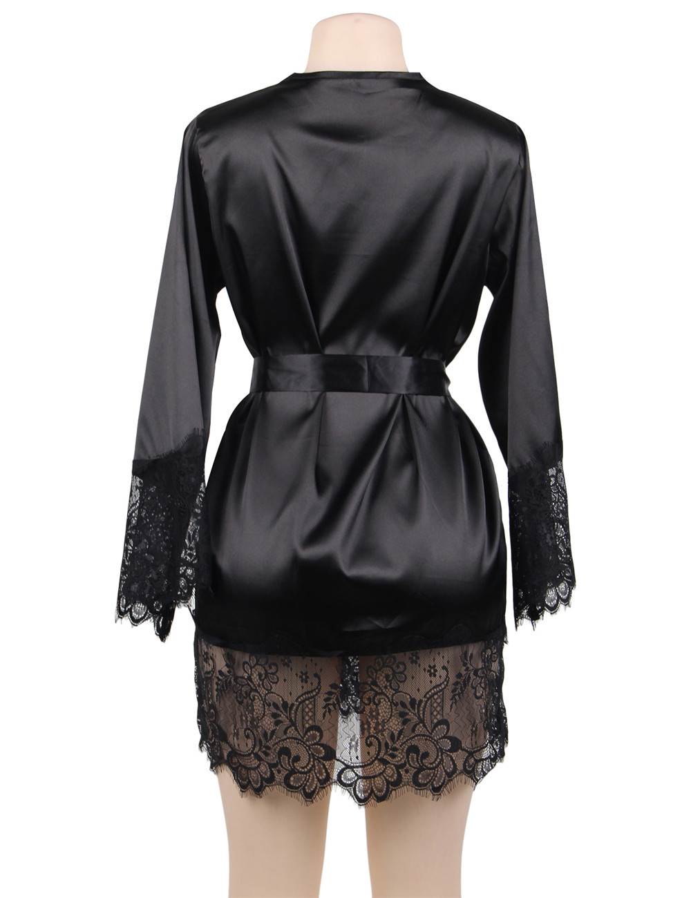 Silk Robe Black with Elegant Lace Trim Detailing