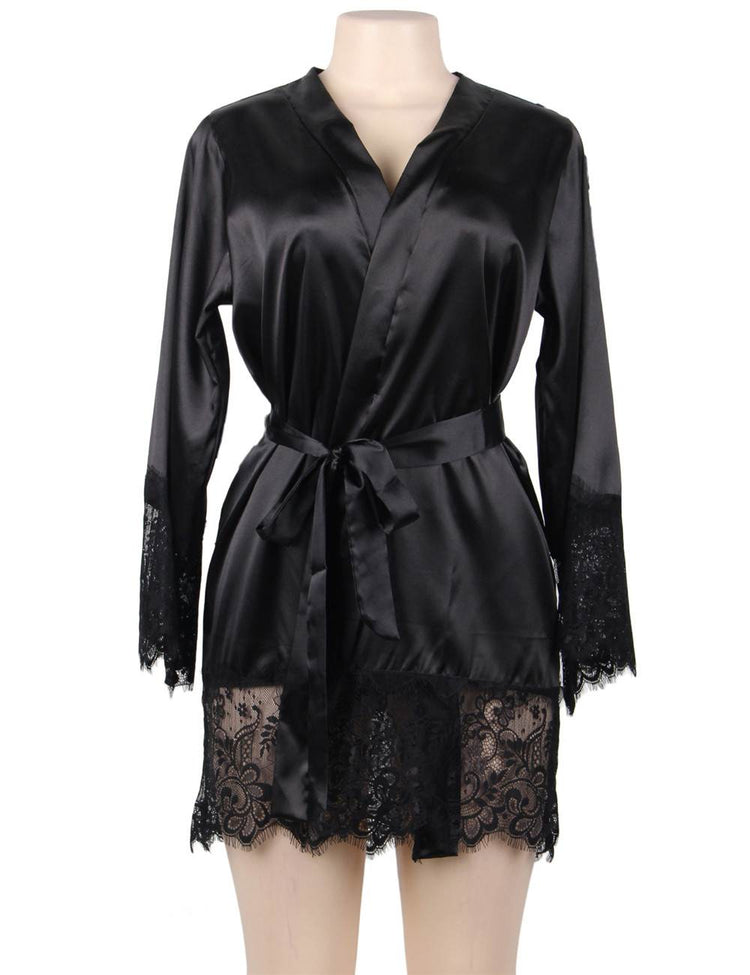 Silk Robe Black with Elegant Lace Trim Detailing