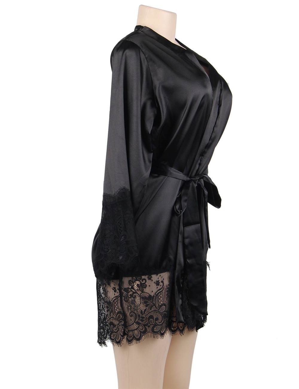 Silk Robe Black with Elegant Lace Trim Detailing