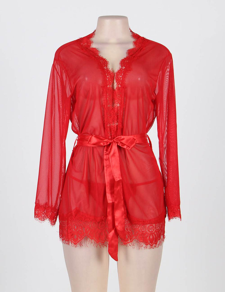 Transparent Lace Babydoll Robe Red with Sash