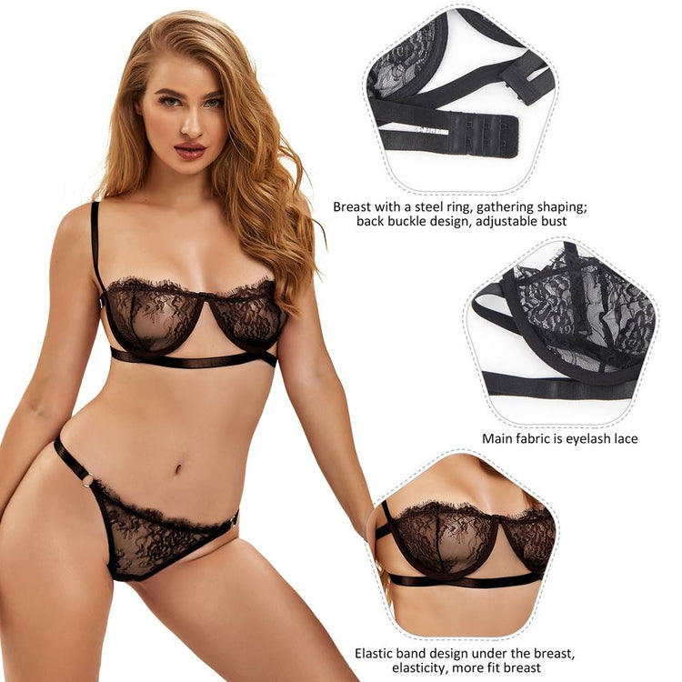 Underwire Bra Black Lingerie Set with Delicate Embroidery