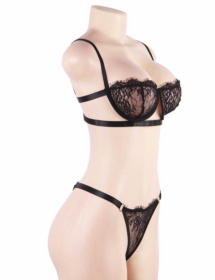 Underwire Bra Black Lingerie Set with Delicate Embroidery