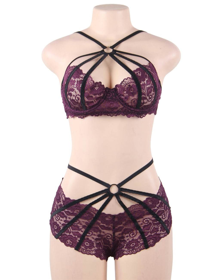 Underwire Bra Lingerie Set Plum Lace Strappy Design