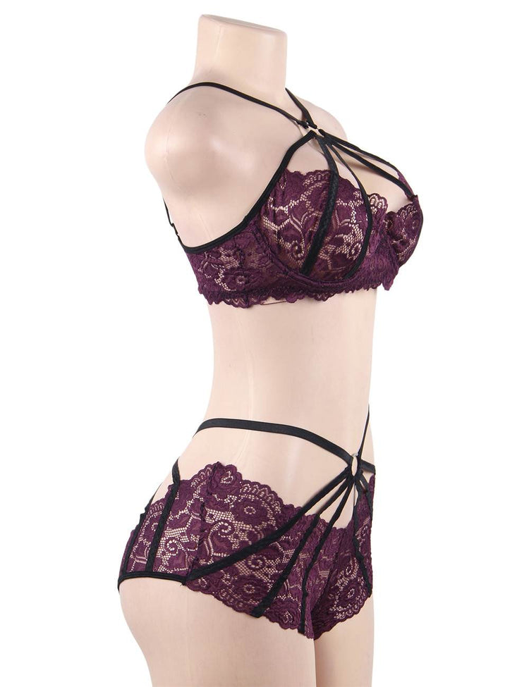 Underwire Bra Lingerie Set Plum Lace Strappy Design