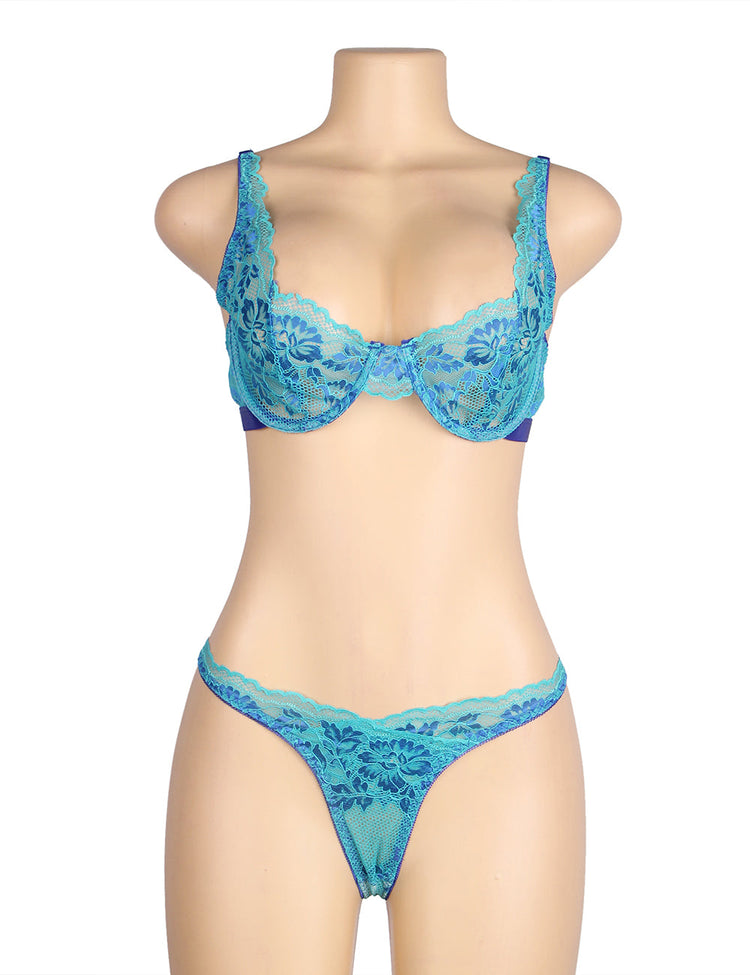 Underwire Bra Set Turquoise Floral Lace Design