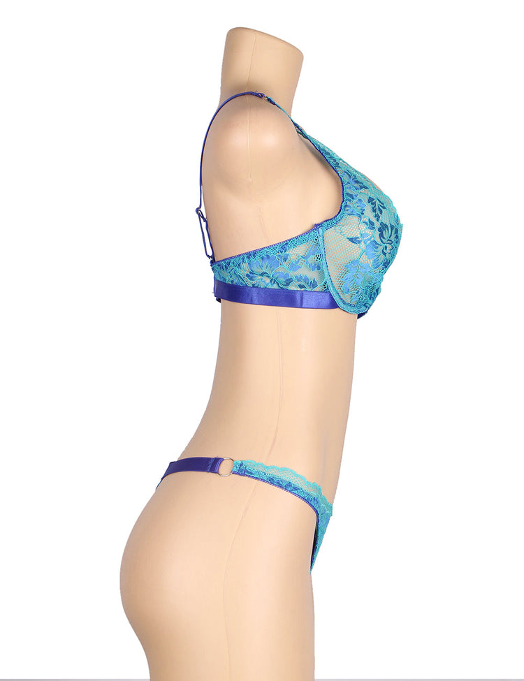 Underwire Bra Set Turquoise Floral Lace Design