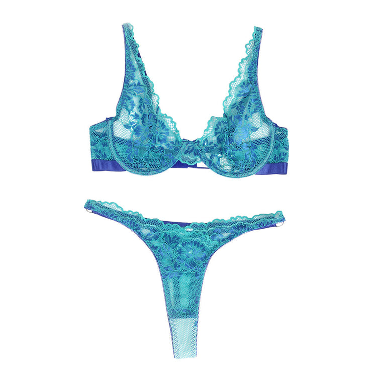 Underwire Bra Set Turquoise Floral Lace Design