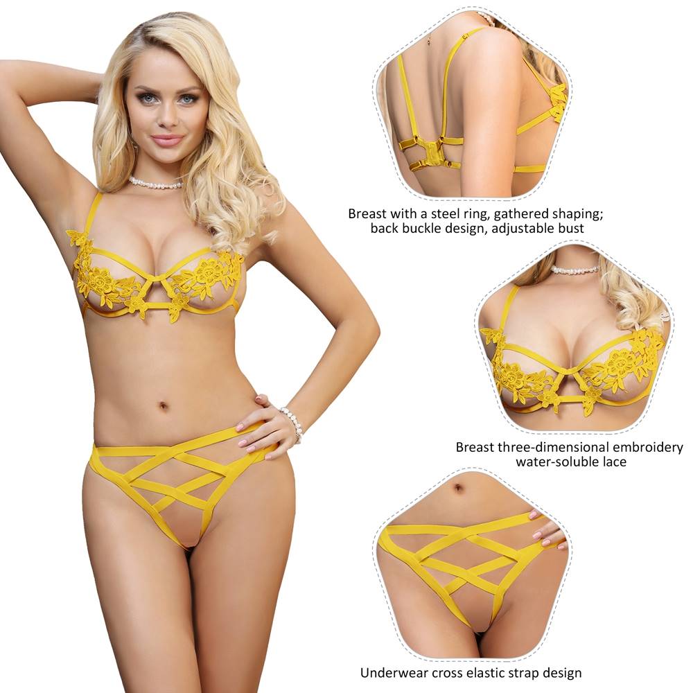 Underwire Bra Set Yellow Embroidery Elegant Fashion Style