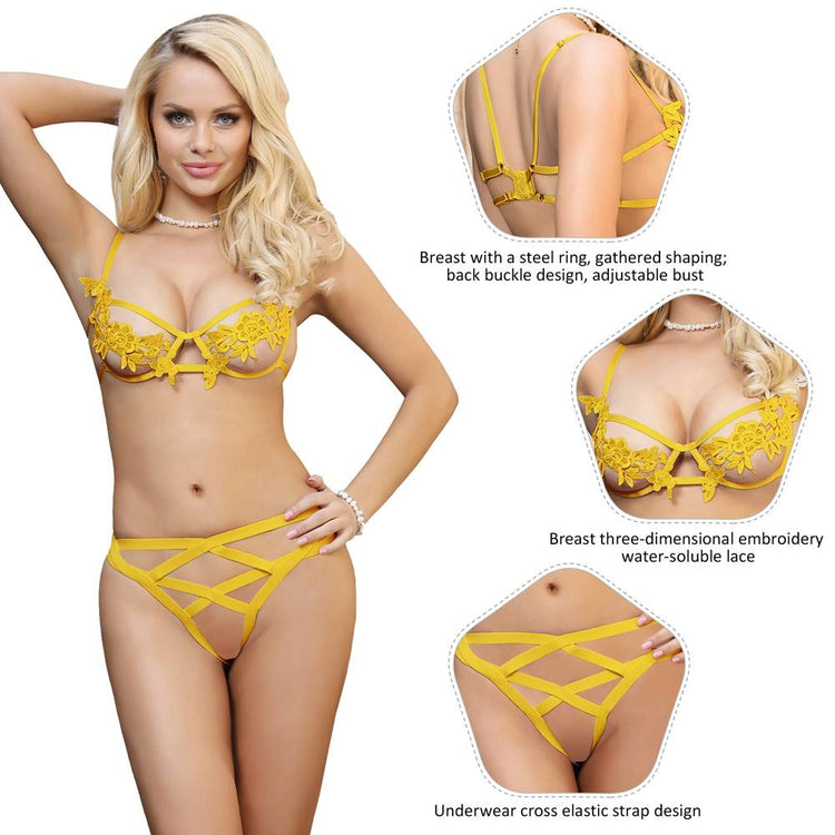 Underwire Bra Set Yellow Embroidery Elegant Fashion Style