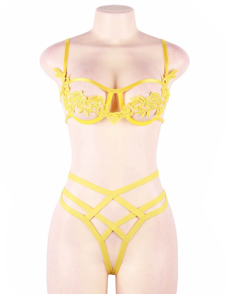 Underwire Bra Set Yellow Embroidery Elegant Fashion Style