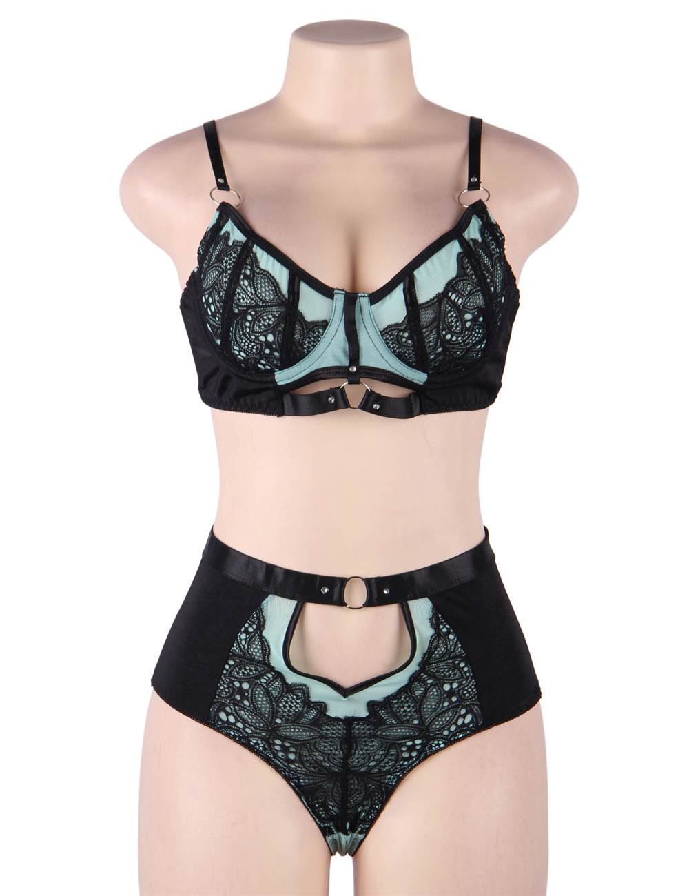 Underwire Bra and Lace Panty Set Black See-Through Lingerie Women