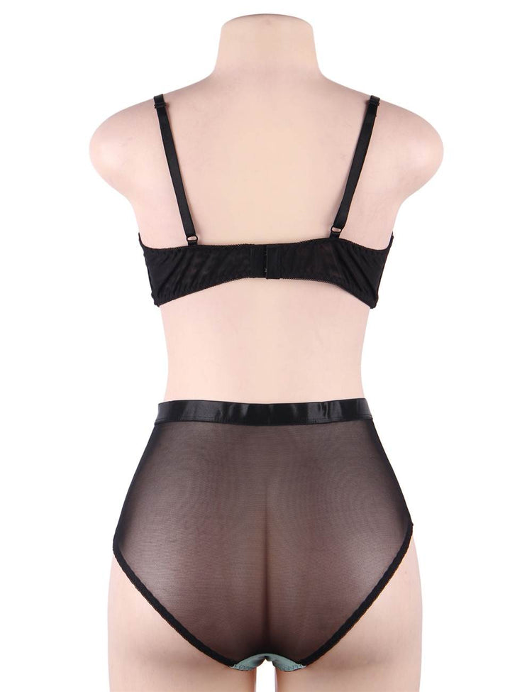 Underwire Bra and Lace Panty Set Black See-Through Lingerie Women