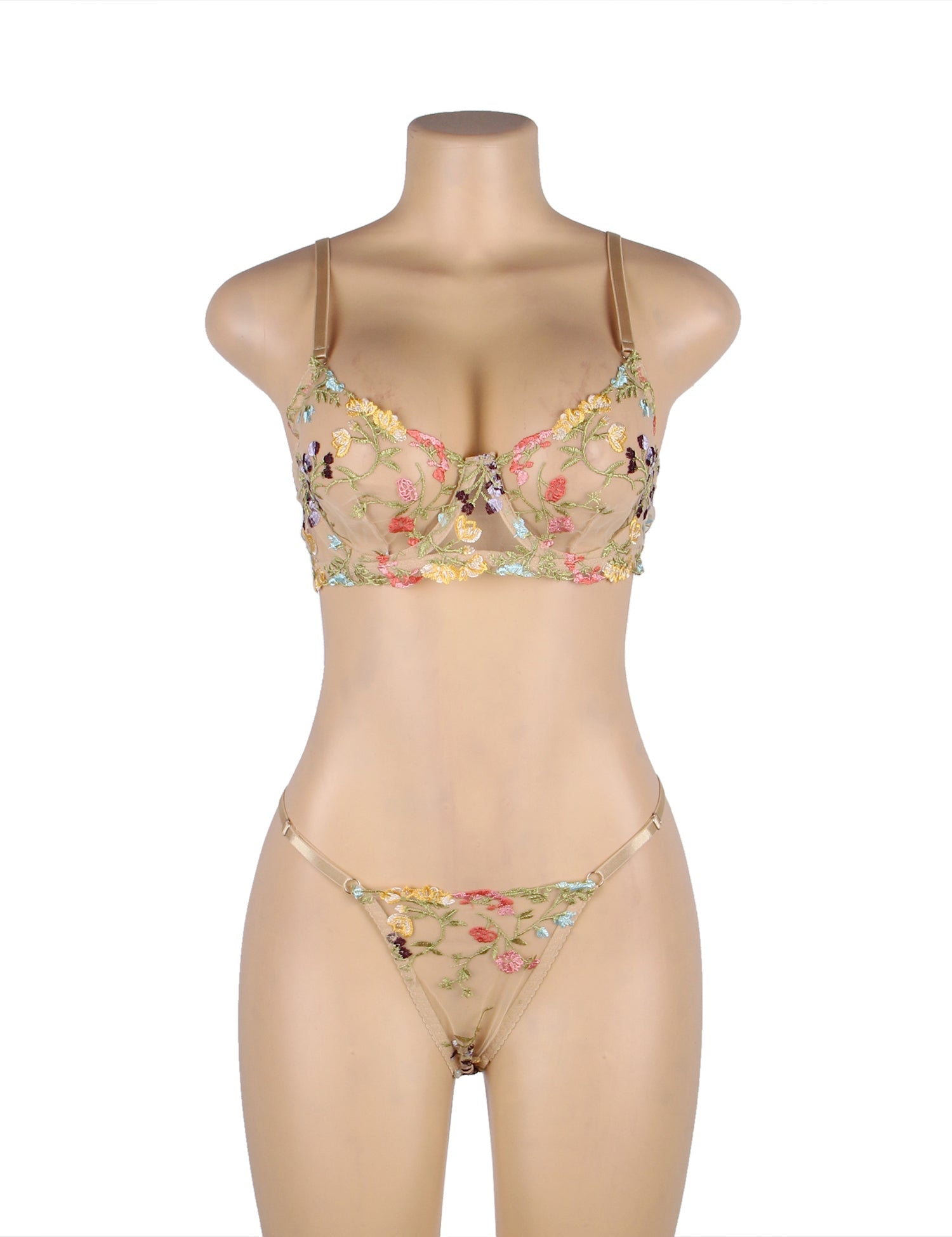 Underwire Lace Bra Beige Floral Design Lingerie Set