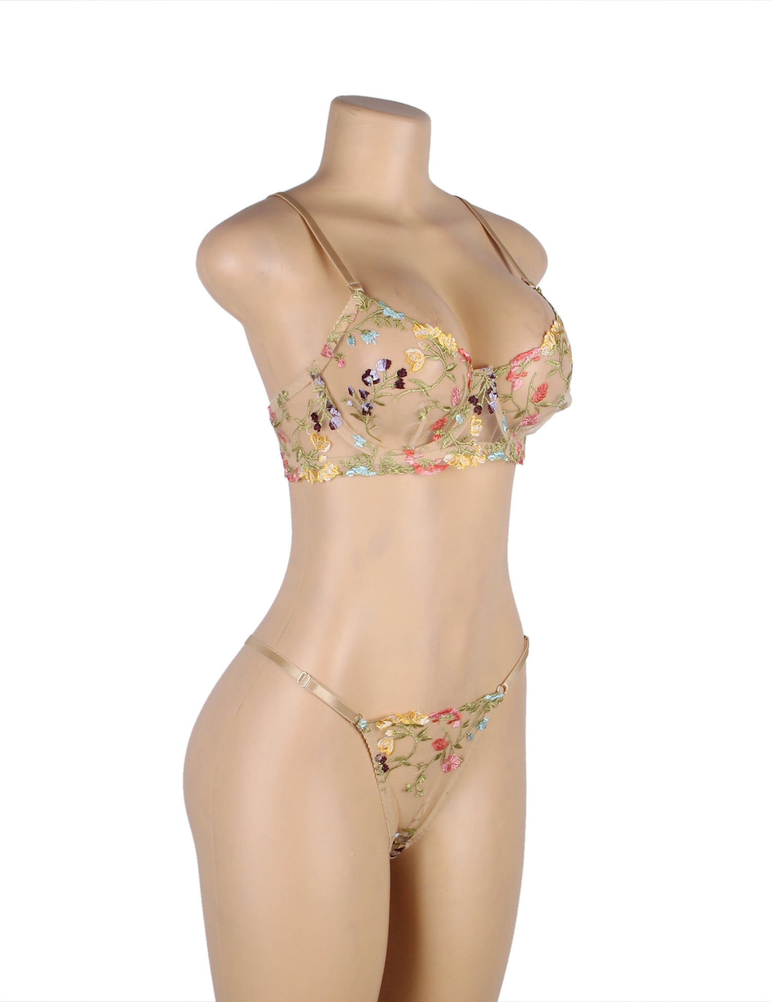 Underwire Lace Bra Beige Floral Design Lingerie Set