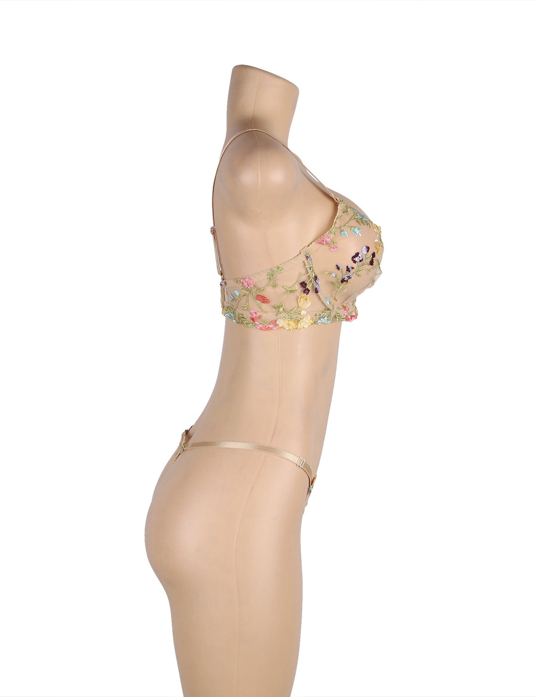 Underwire Lace Bra Beige Floral Design Lingerie Set