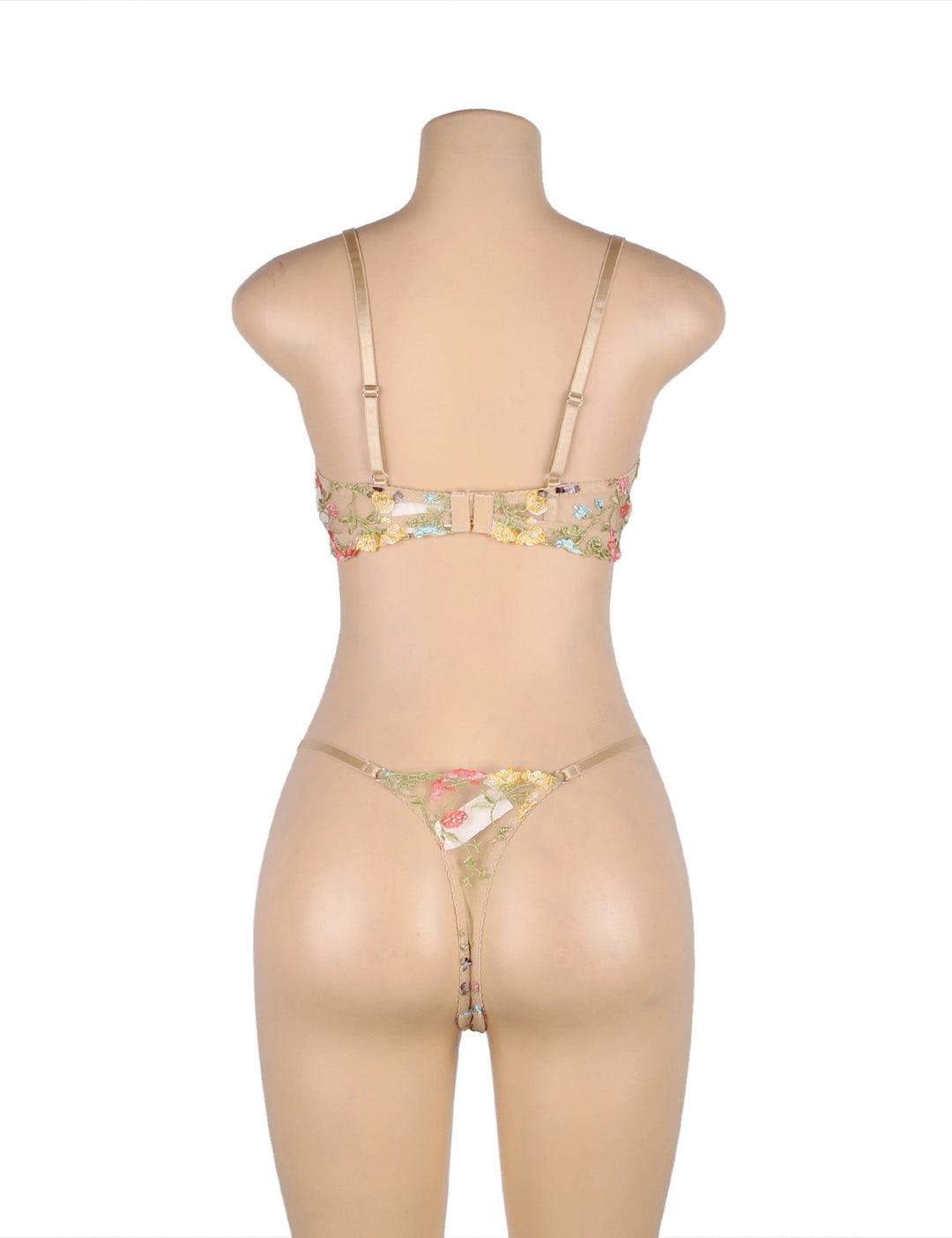 Underwire Lace Bra Beige Floral Design Lingerie Set