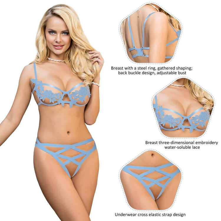 Underwire Lingerie Set Blue See-Through Romantic Design