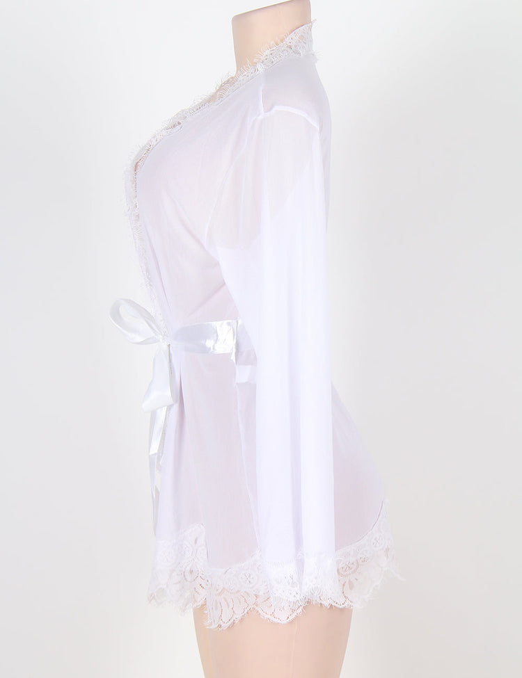 White Bridal Robe See-Through Lingerie with Lace