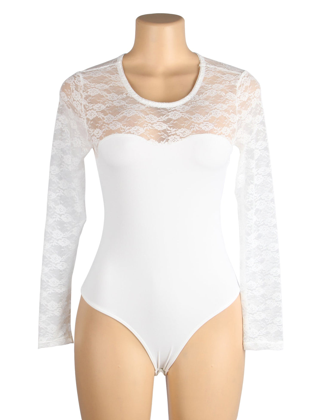 White Lace Long Sleeve Sheer Bodysuit Open Crotch Design