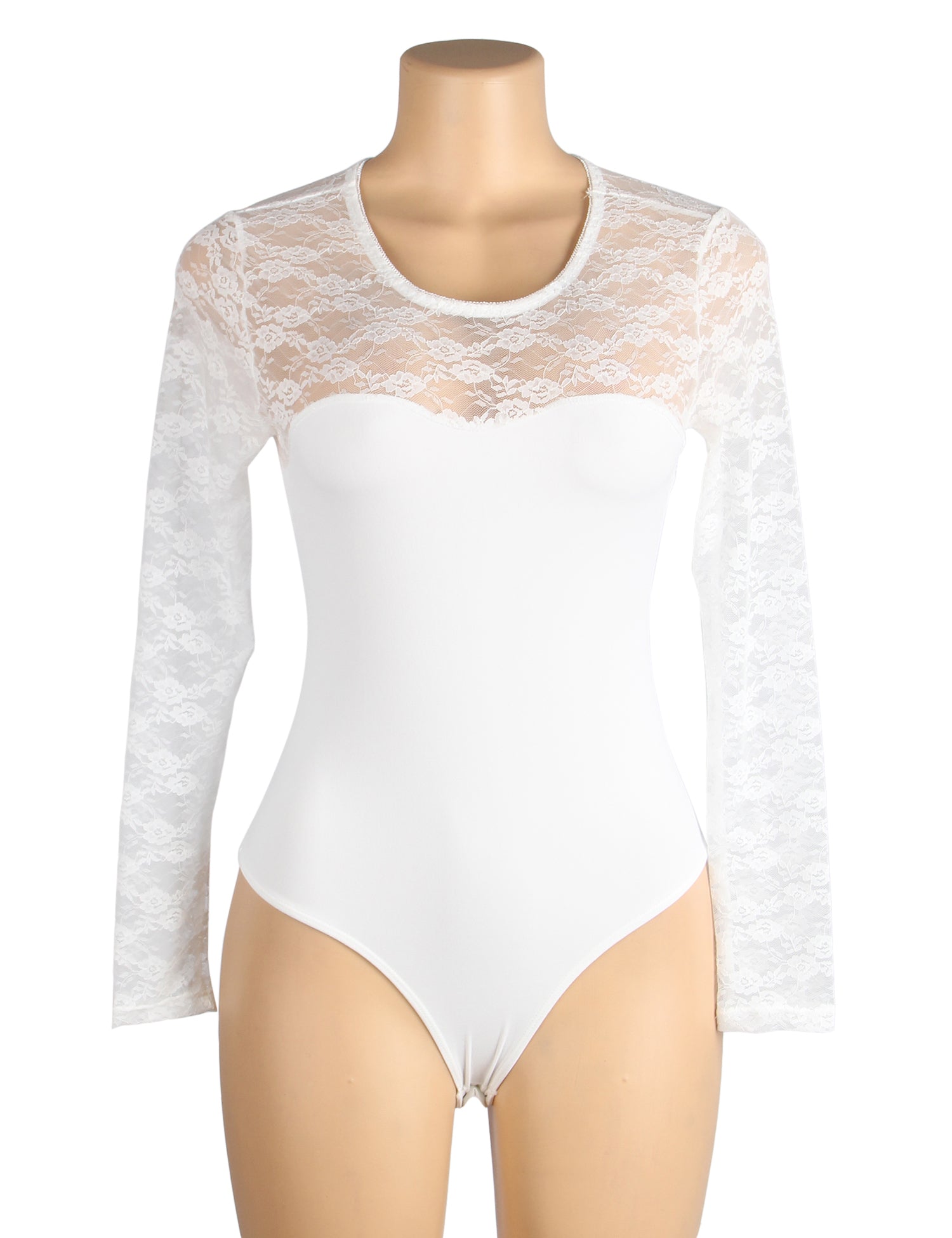 White Lace Long Sleeve Sheer Bodysuit Open Crotch Design