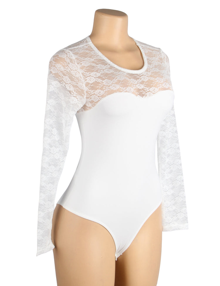 White Lace Long Sleeve Sheer Bodysuit Open Crotch Design