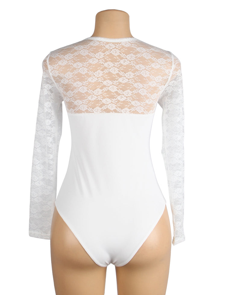 White Lace Long Sleeve Sheer Bodysuit Open Crotch Design