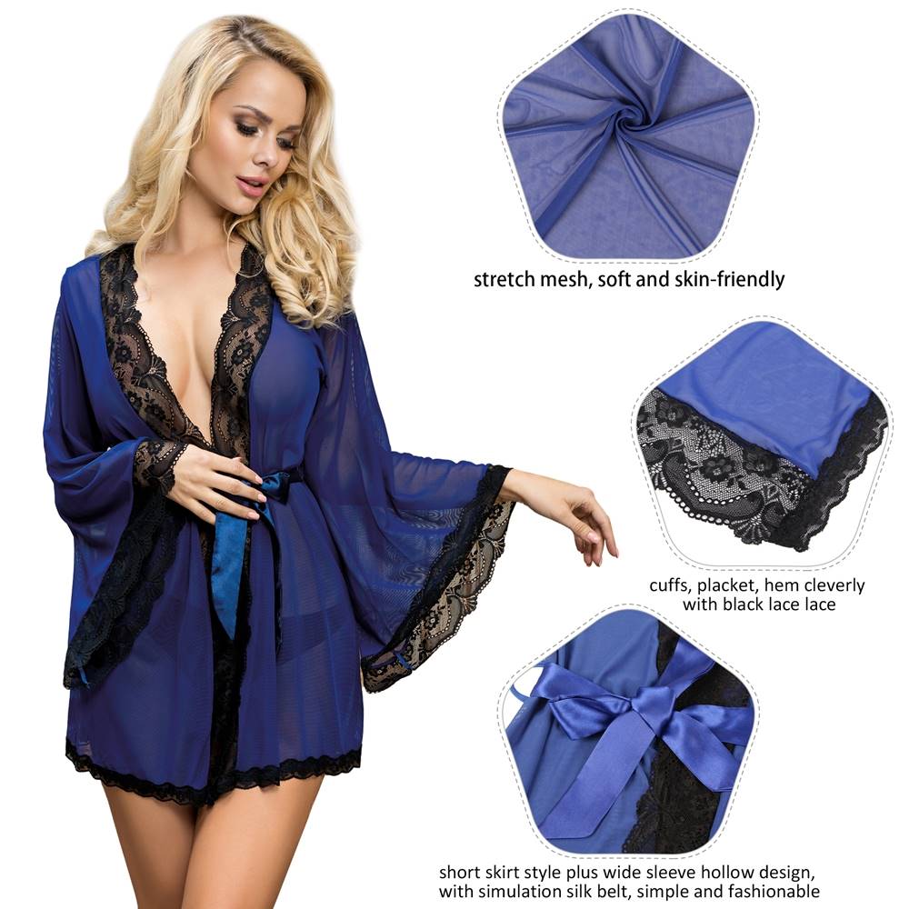 Women's Robe Blue Sexy Long Sleeve Pyjama Set