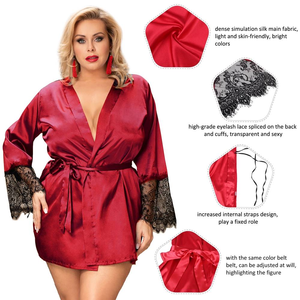 Women's Silk Robe Lingerie Set Red with Lace Detail