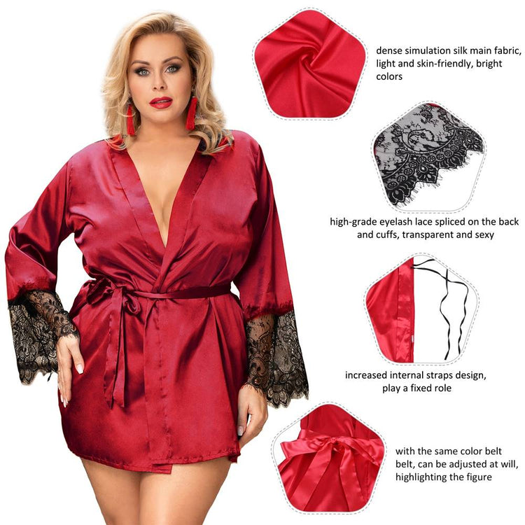 Women's Silk Robe Lingerie Set Red with Lace Detail