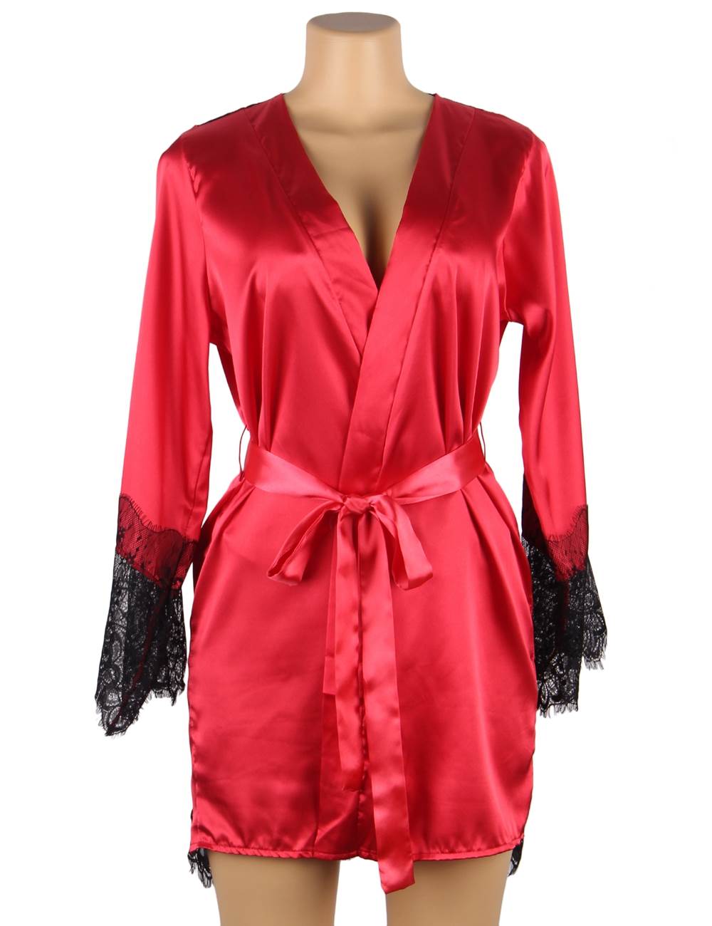 Women's Silk Robe Lingerie Set Red with Lace Detail