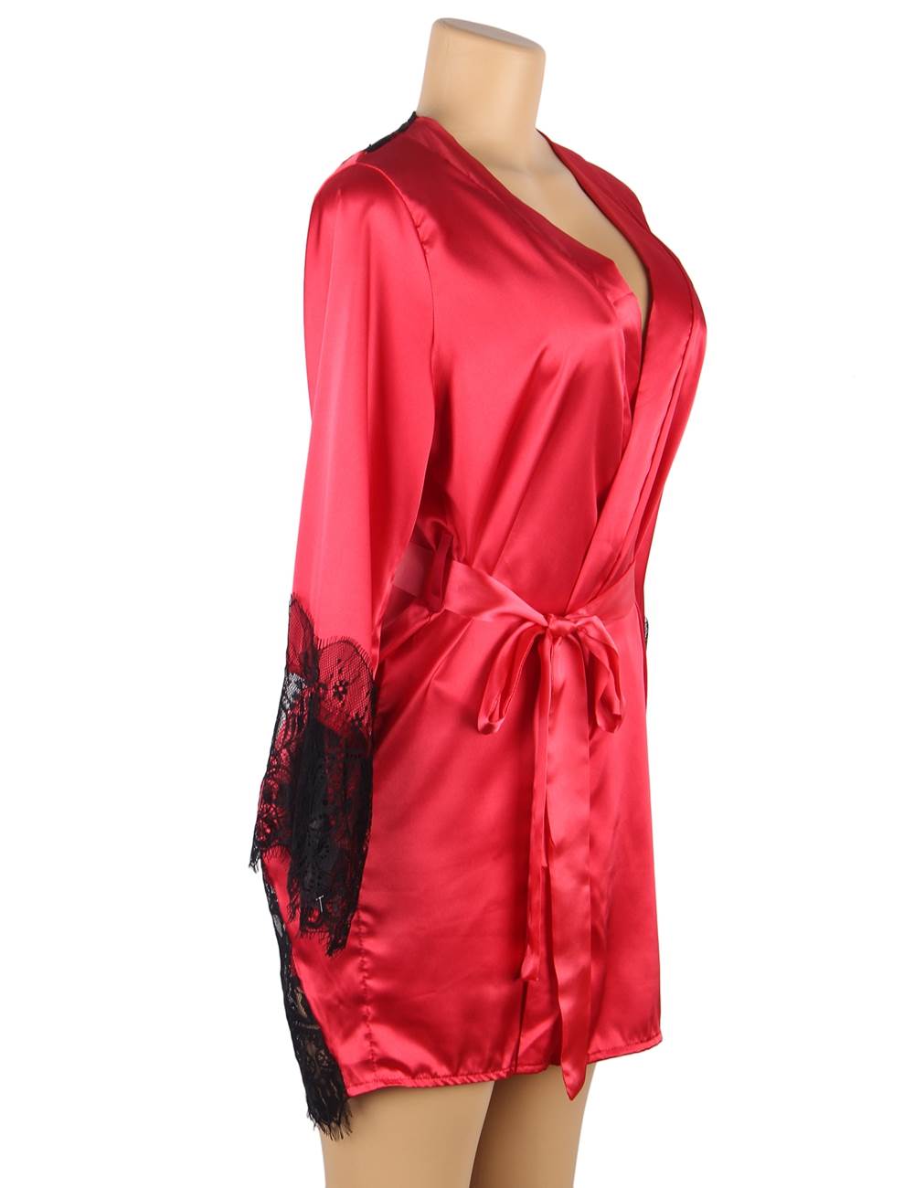 Women's Silk Robe Lingerie Set Red with Lace Detail