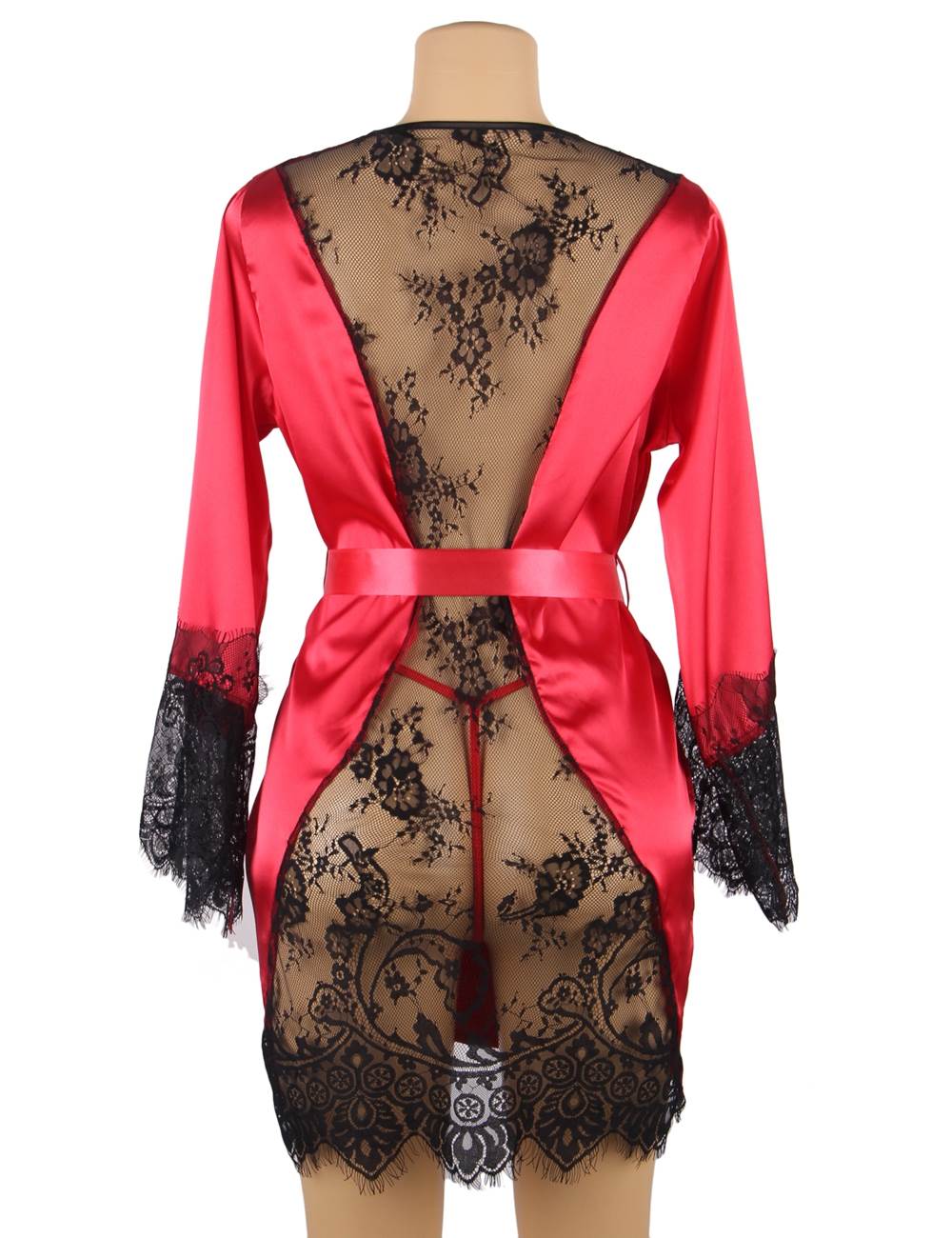 Women's Silk Robe Lingerie Set Red with Lace Detail